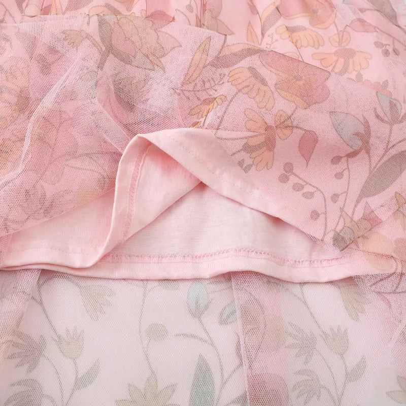 100% Cotton Pink Floral Tulle Dress With Embroidered Horse Applique