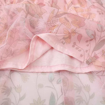 100% Cotton Pink Floral Tulle Dress With Embroidered Horse Applique