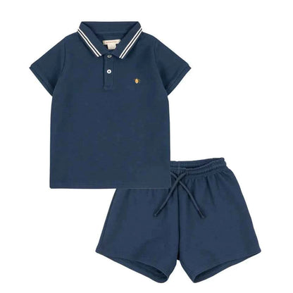 Cotton Navy Polo Shirt & Drawstring Shorts Set