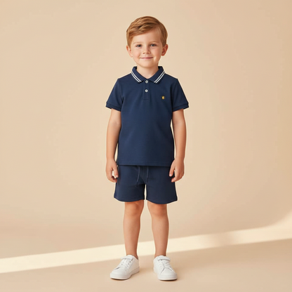 Cotton Navy Polo Shirt & Drawstring Shorts Set