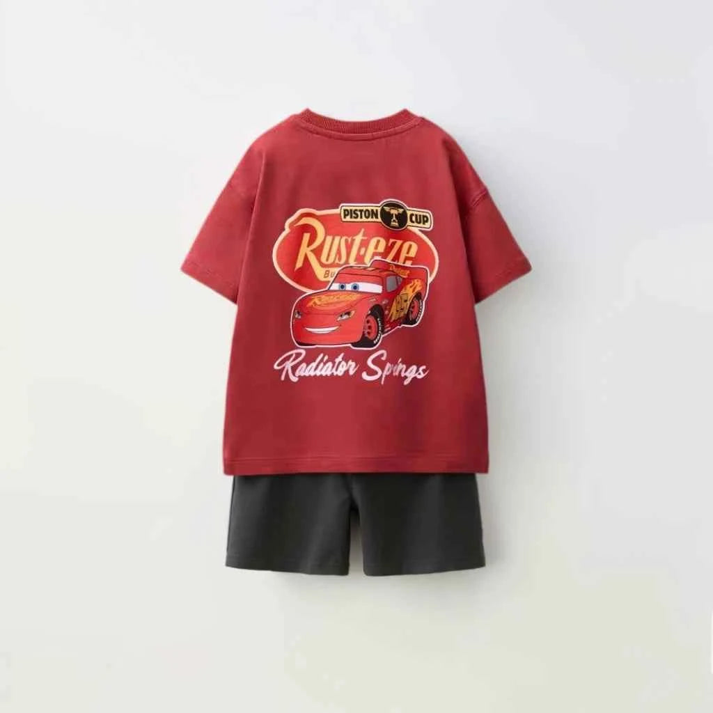 Cotton Lightning McQueen Cars Red & Green Tee Set With Shorts