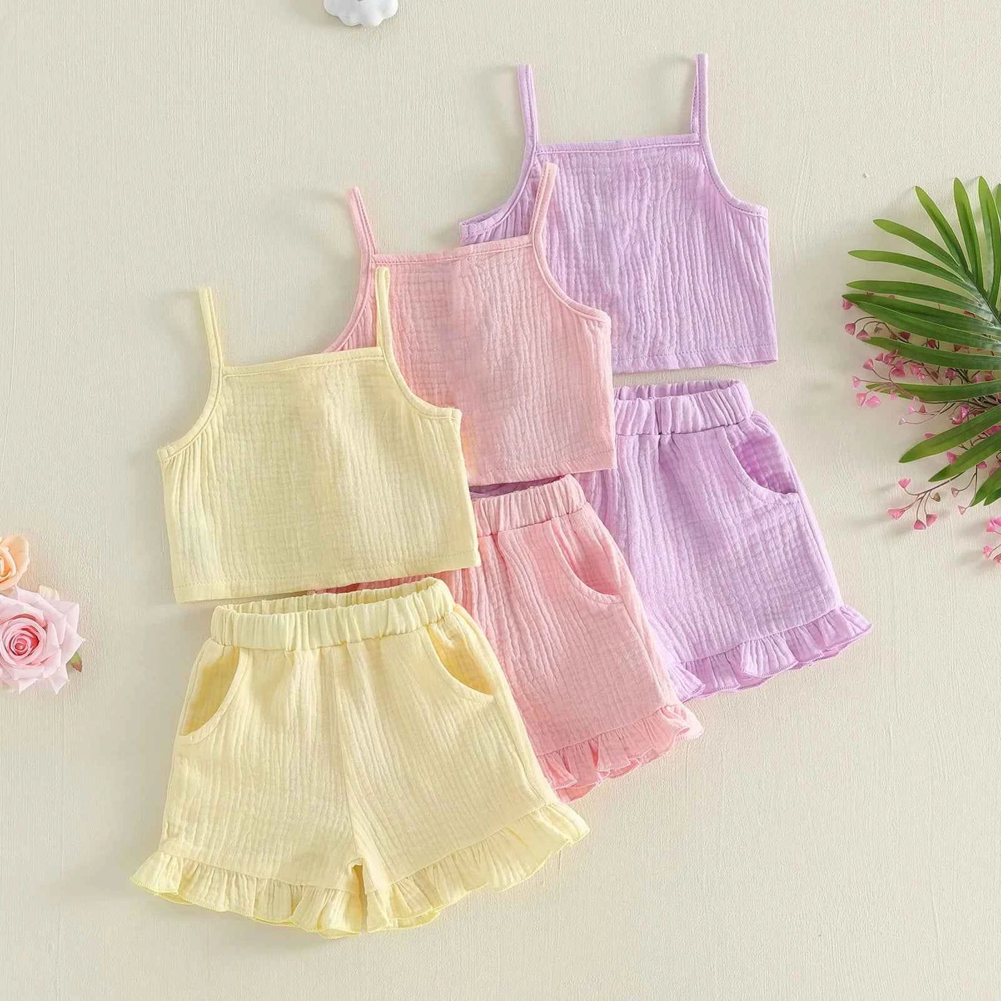 Cotton Ruffle Shorts & Tank Top Set Pastel Colors