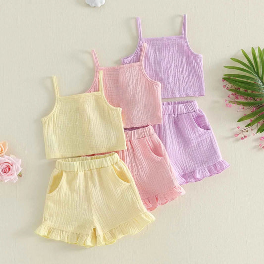 Cotton Ruffle Shorts & Tank Top Set Pastel Colors