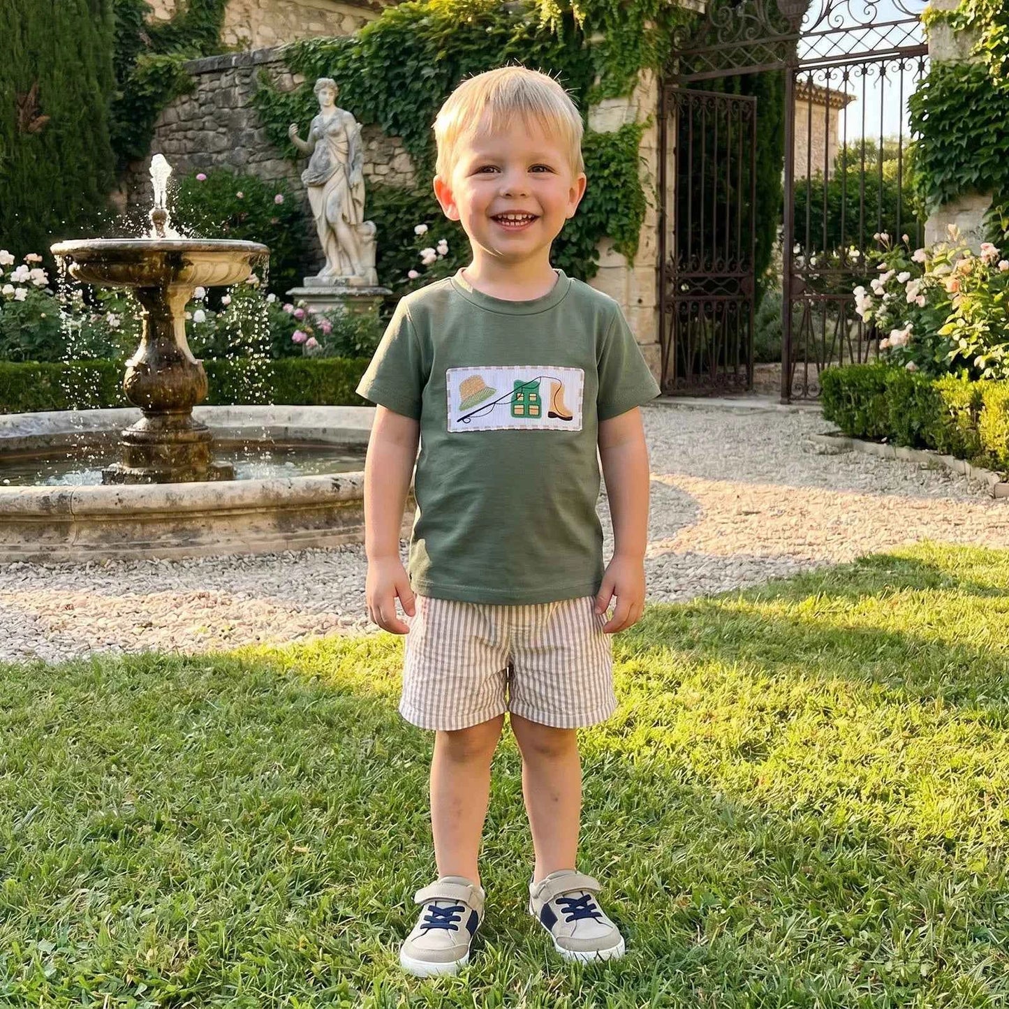 Cotton Green Fishing Motif Tee & Beige Striped Drawstring Shorts Set