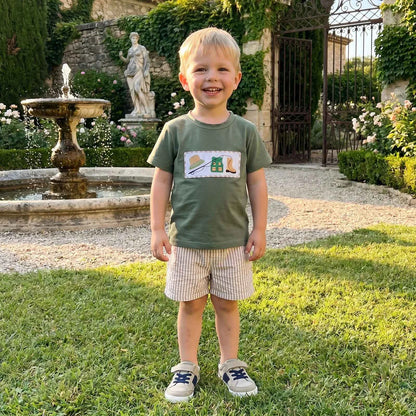 Cotton Green Fishing Motif Tee & Beige Striped Drawstring Shorts Set