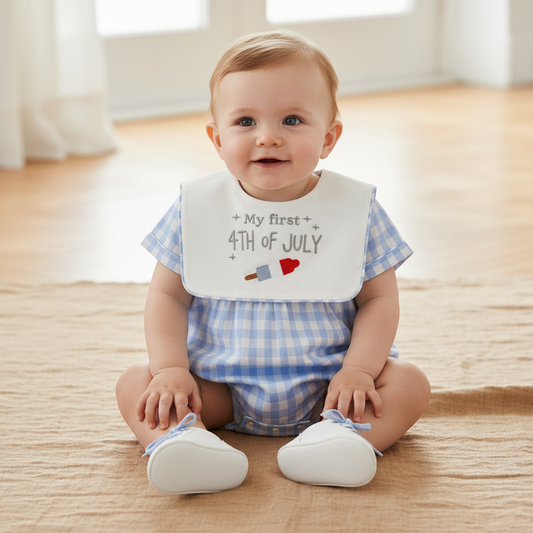 Cotton Blue Gingham Romper & Patriotic Bib Set