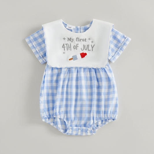 Cotton Blue Gingham Romper & Patriotic Bib Set