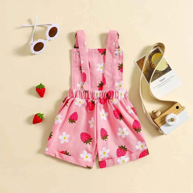Cotton Floral & Strawberry Adjustable Strap Short Overalls