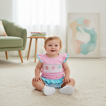 Pink Ruffle Sleeve Top & Blue Ruffle Shorts Set