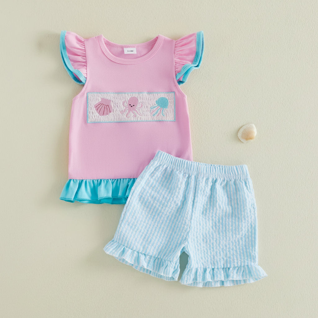 Pink Ruffle Sleeve Top & Blue Ruffle Shorts Set