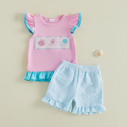 Pink Ruffle Sleeve Top & Blue Ruffle Shorts Set