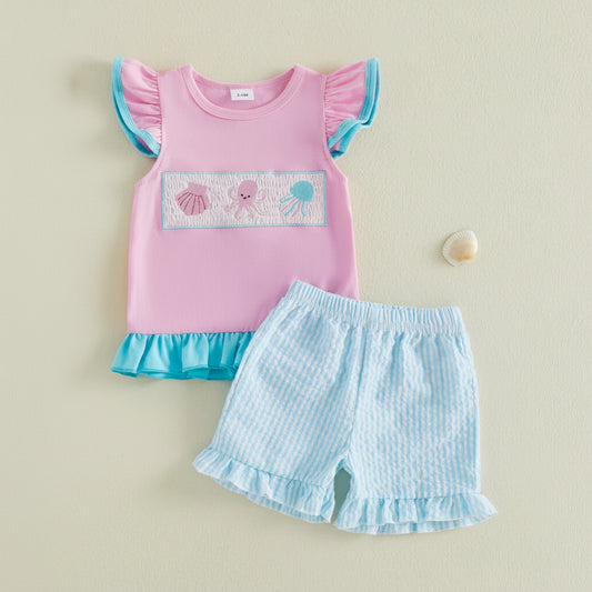 Pink Ruffle Sleeve Top & Blue Ruffle Shorts Set