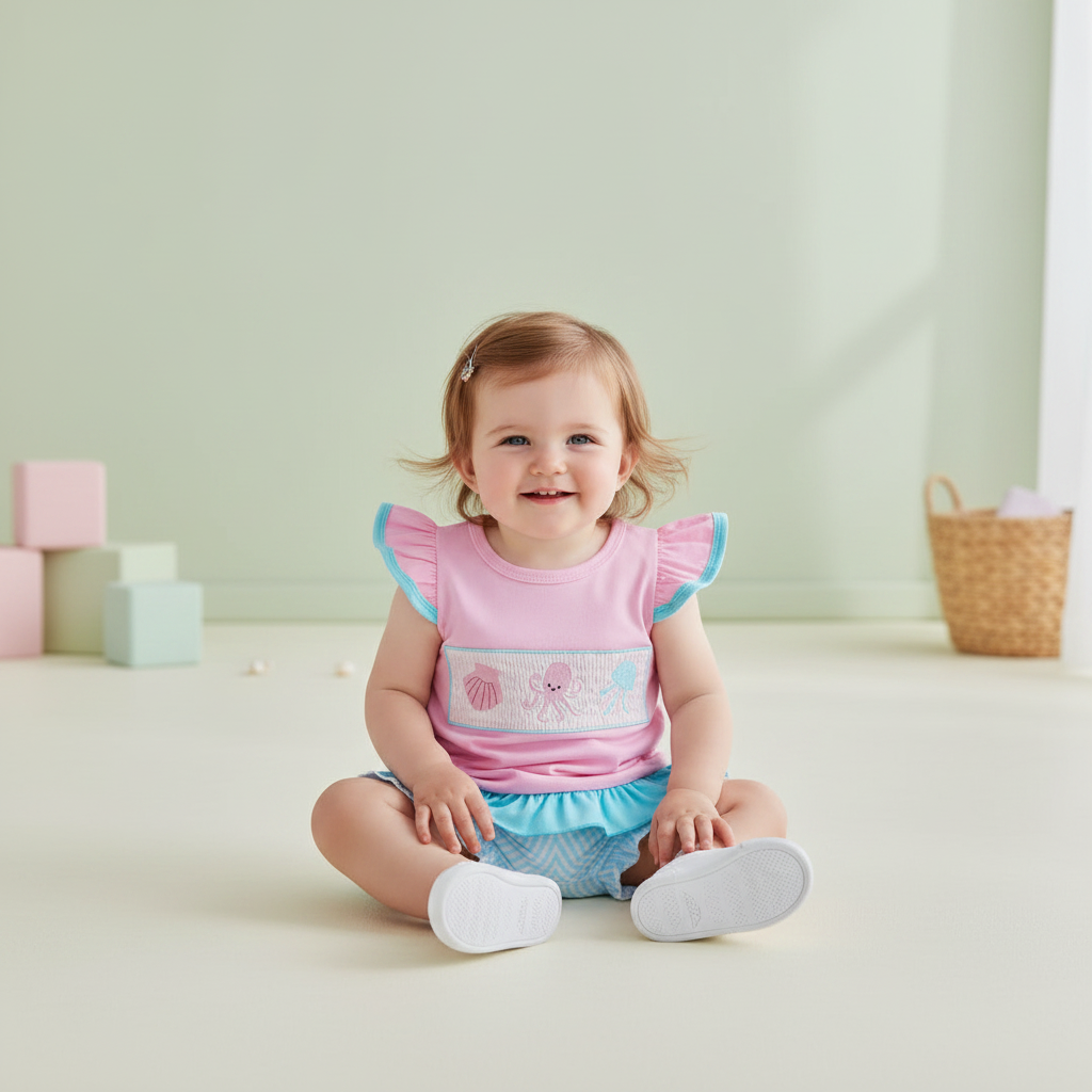 Pink Ruffle Sleeve Top & Blue Ruffle Shorts Set