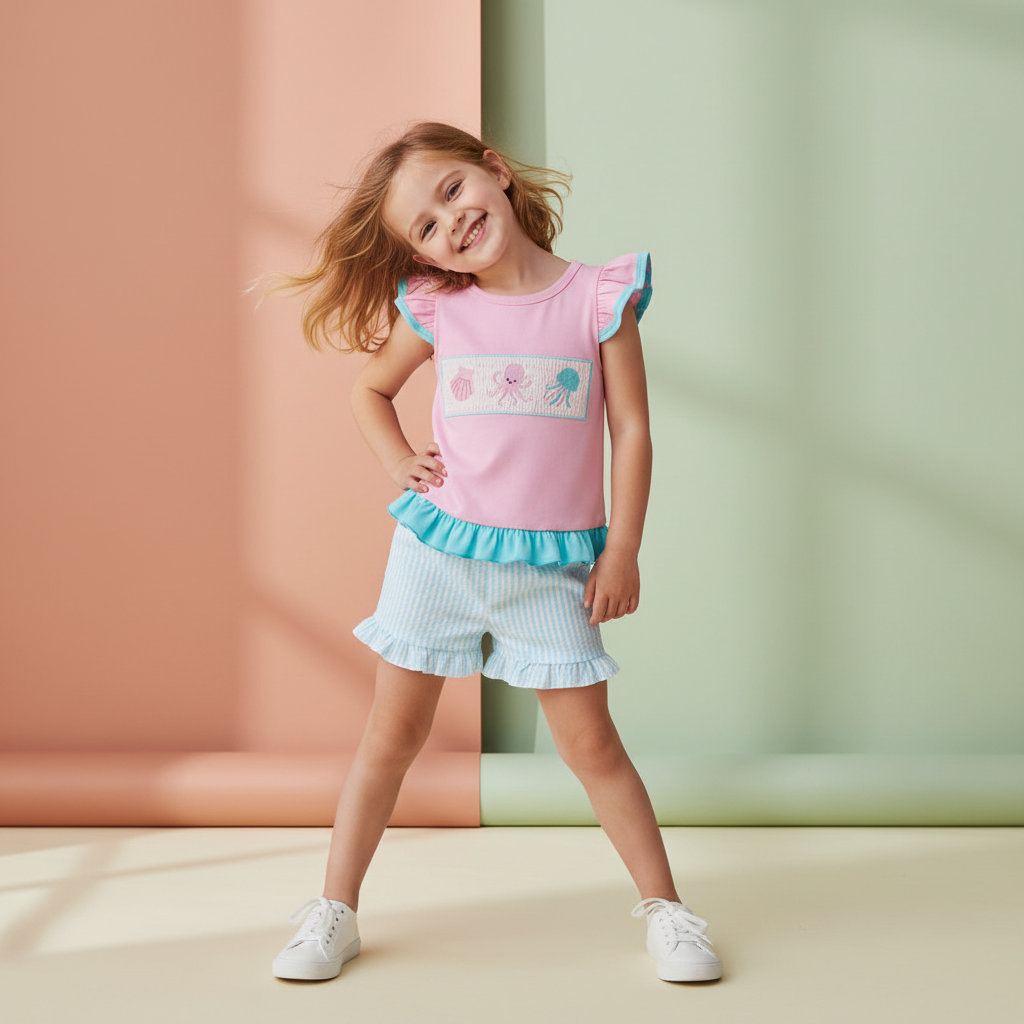 Pink Ruffle Sleeve Top & Blue Ruffle Shorts Set