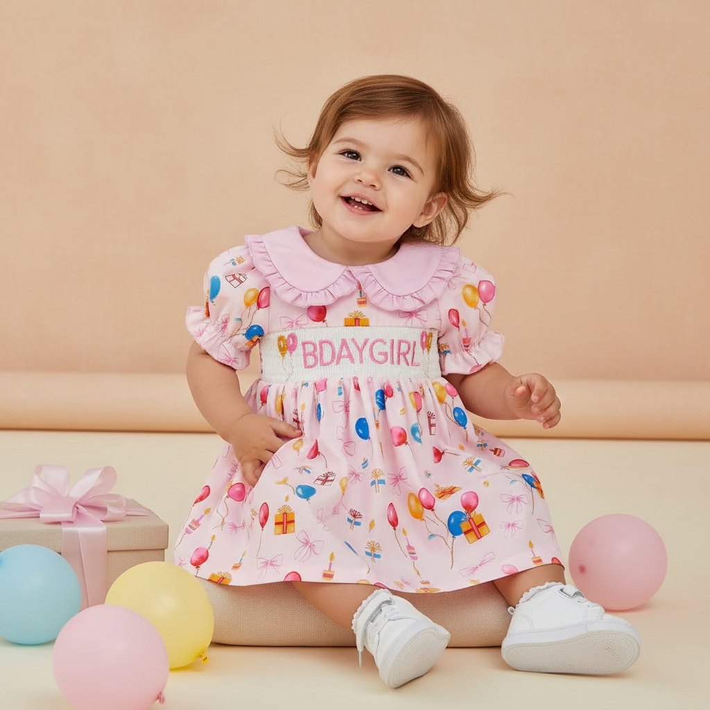 Cotton Pink Smocked Bday Dress With Balloon & Gift Print