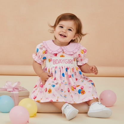 Cotton Pink Smocked Bday Dress With Balloon & Gift Print