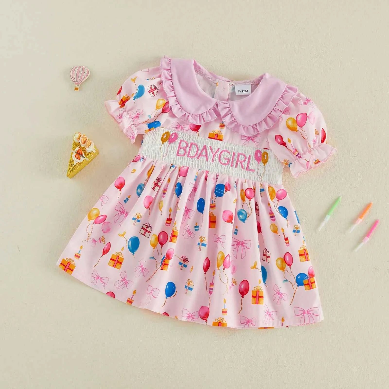 Cotton Pink Smocked Bday Dress With Balloon & Gift Print