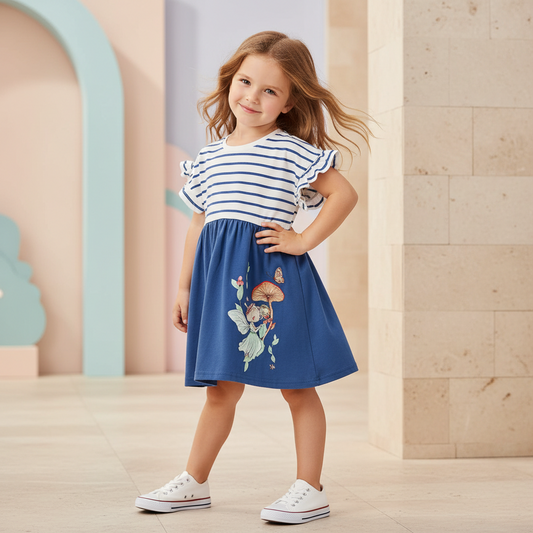 100% Cotton Striped Top & Blue Fairy Print Dress