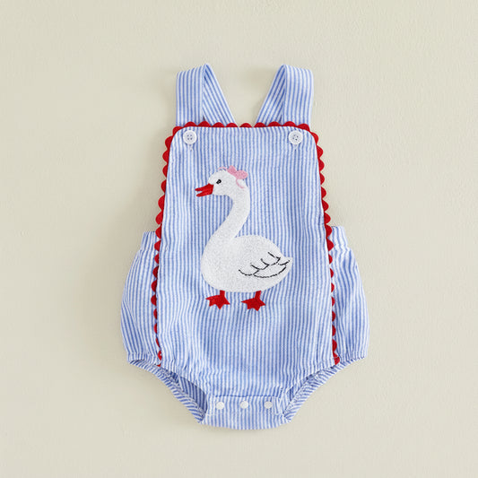 Blue Striped Swan Appliqué Romper With Red Trim