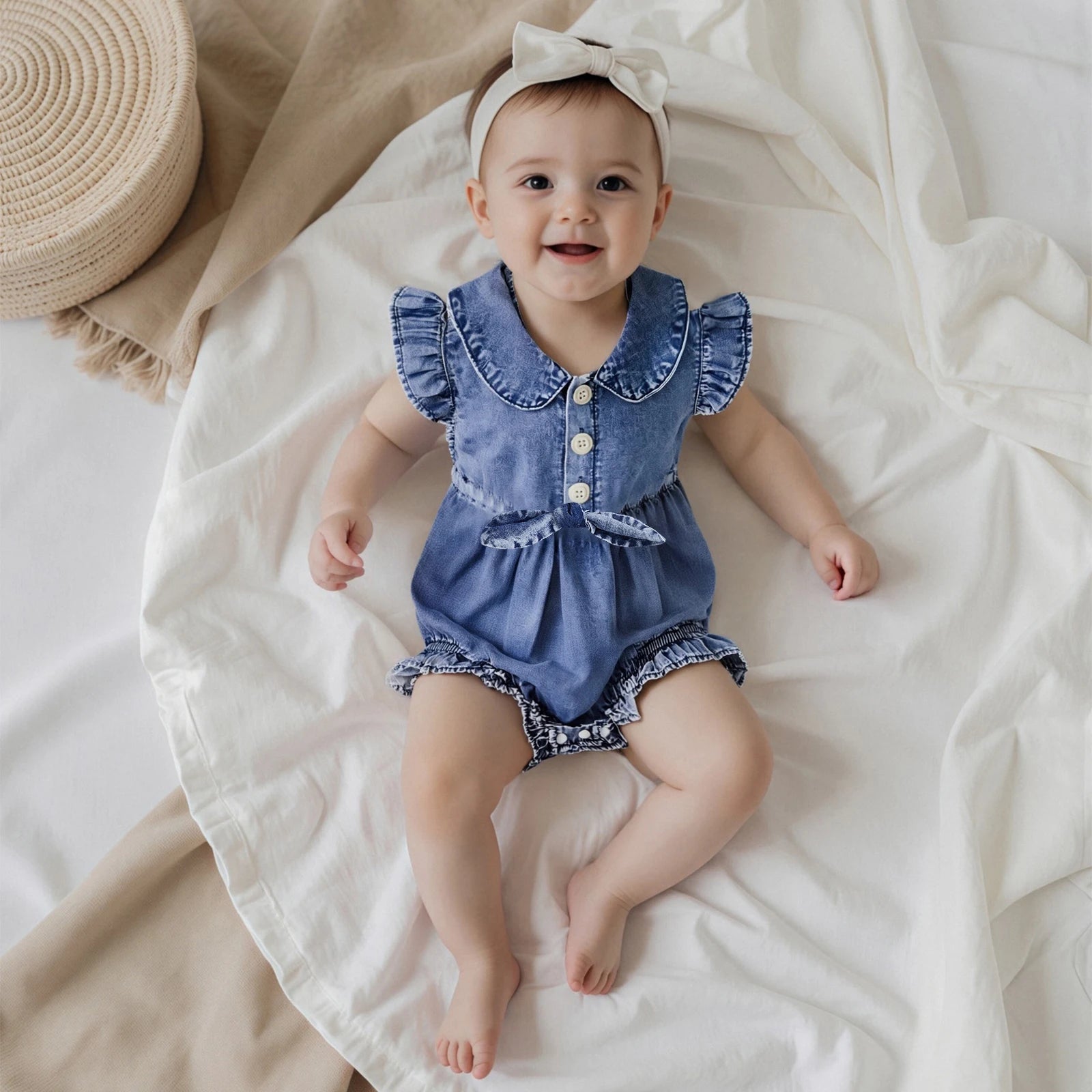 Cotton Denim Button Front Romper With Ruffles