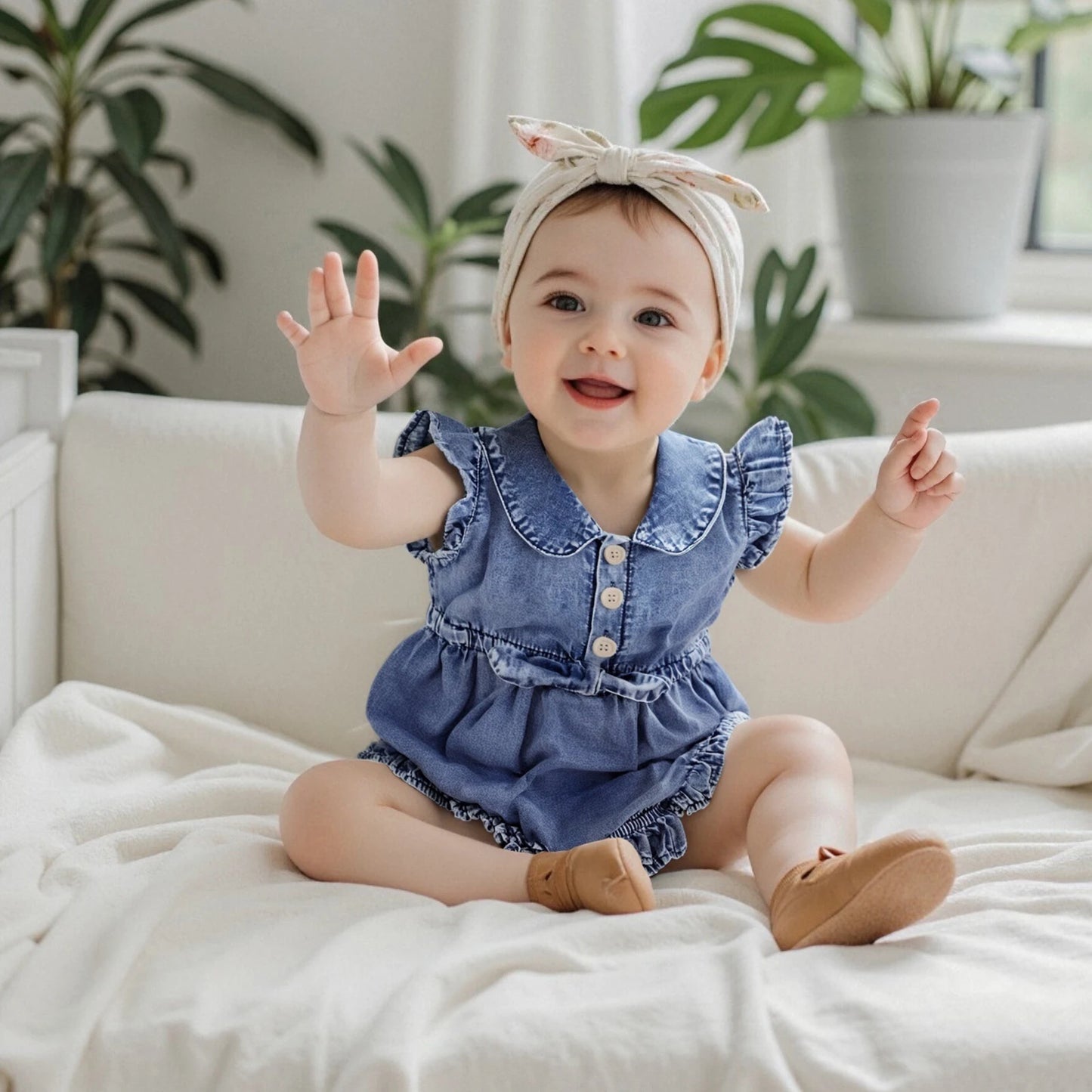 Cotton Denim Button Front Romper With Ruffles