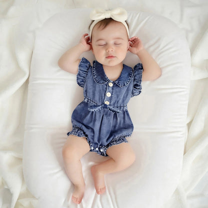Cotton Denim Button Front Romper With Ruffles