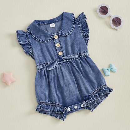 Cotton Denim Button Front Romper With Ruffles