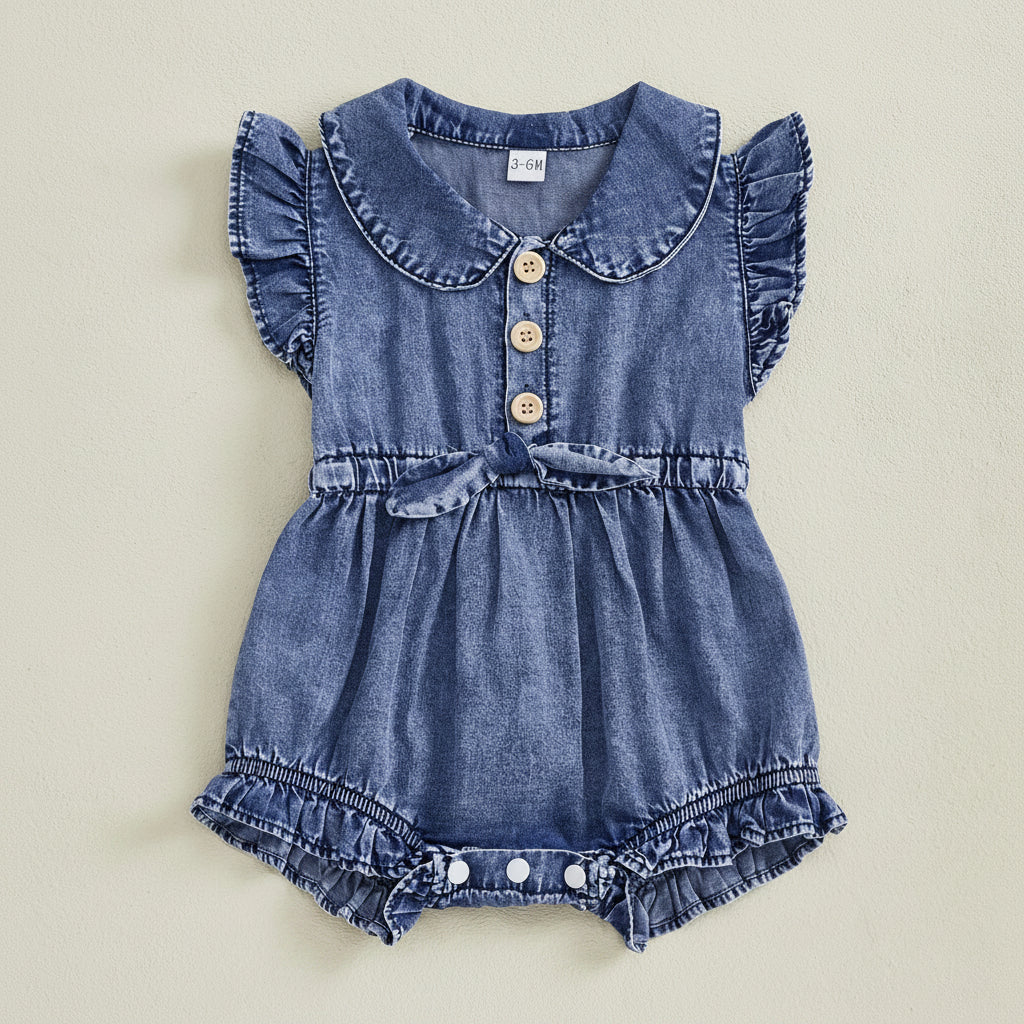 Cotton Denim Button Front Romper With Ruffles