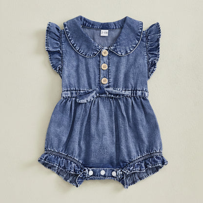 Cotton Denim Button Front Romper With Ruffles