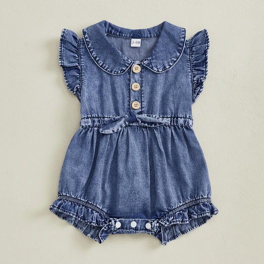 Cotton Denim Button Front Romper With Ruffles