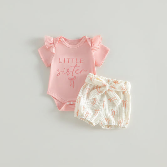 Cotton Little Sister Ruffle Bodysuit & Bow Print Shorts Set