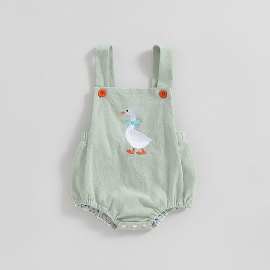 Cotton Mint Green Goose Embroidered Romper With Buttons