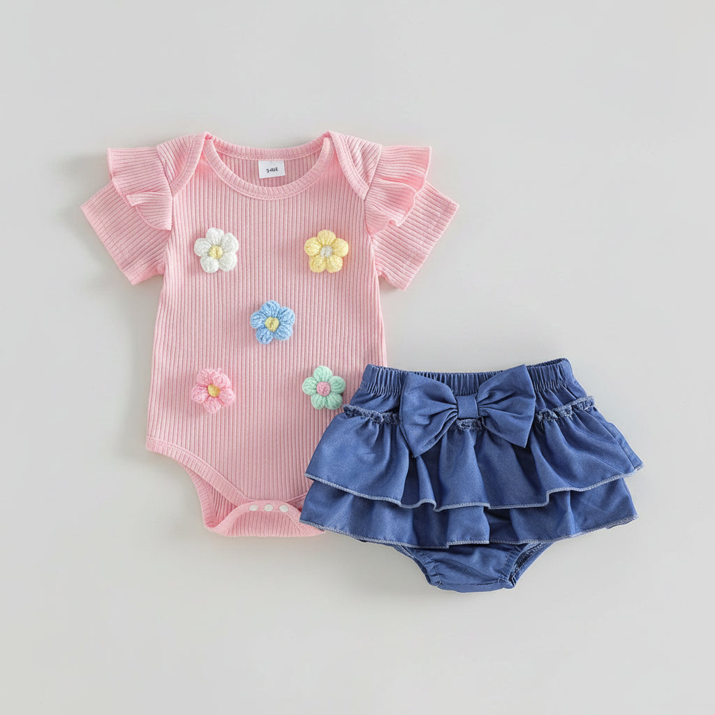 Pink Floral Romper & Blue Ruffle Bloomers Set