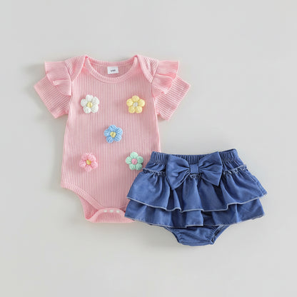 Pink Floral Romper & Blue Ruffle Bloomers Set