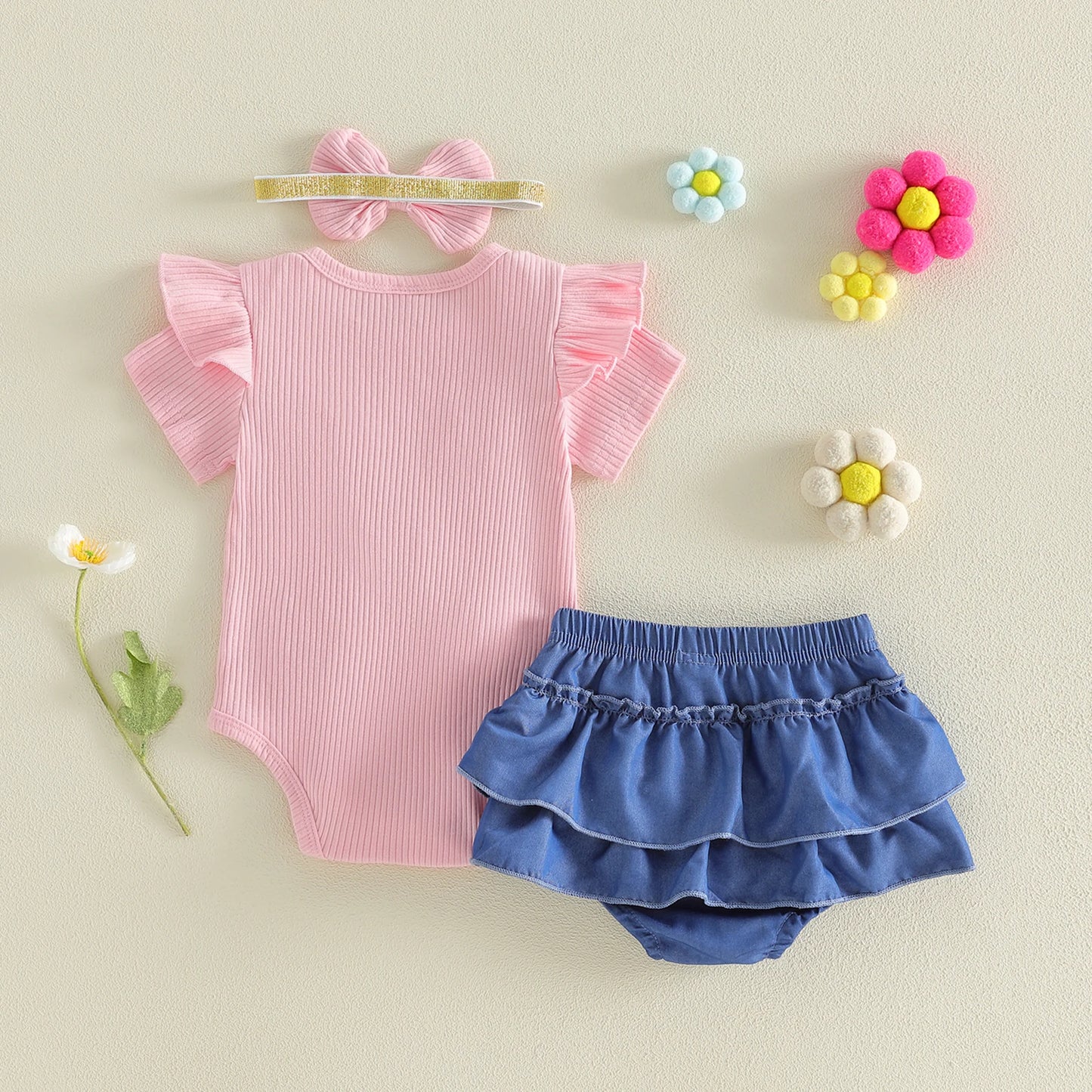Pink Floral Romper & Blue Ruffle Bloomers Set
