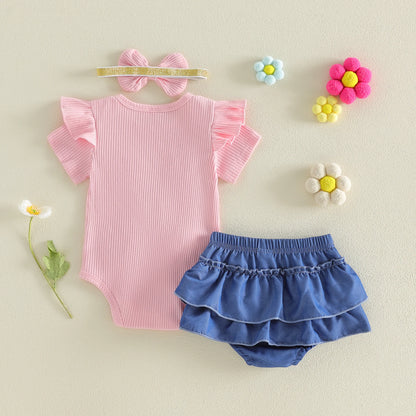 Pink Floral Romper & Blue Ruffle Bloomers Set