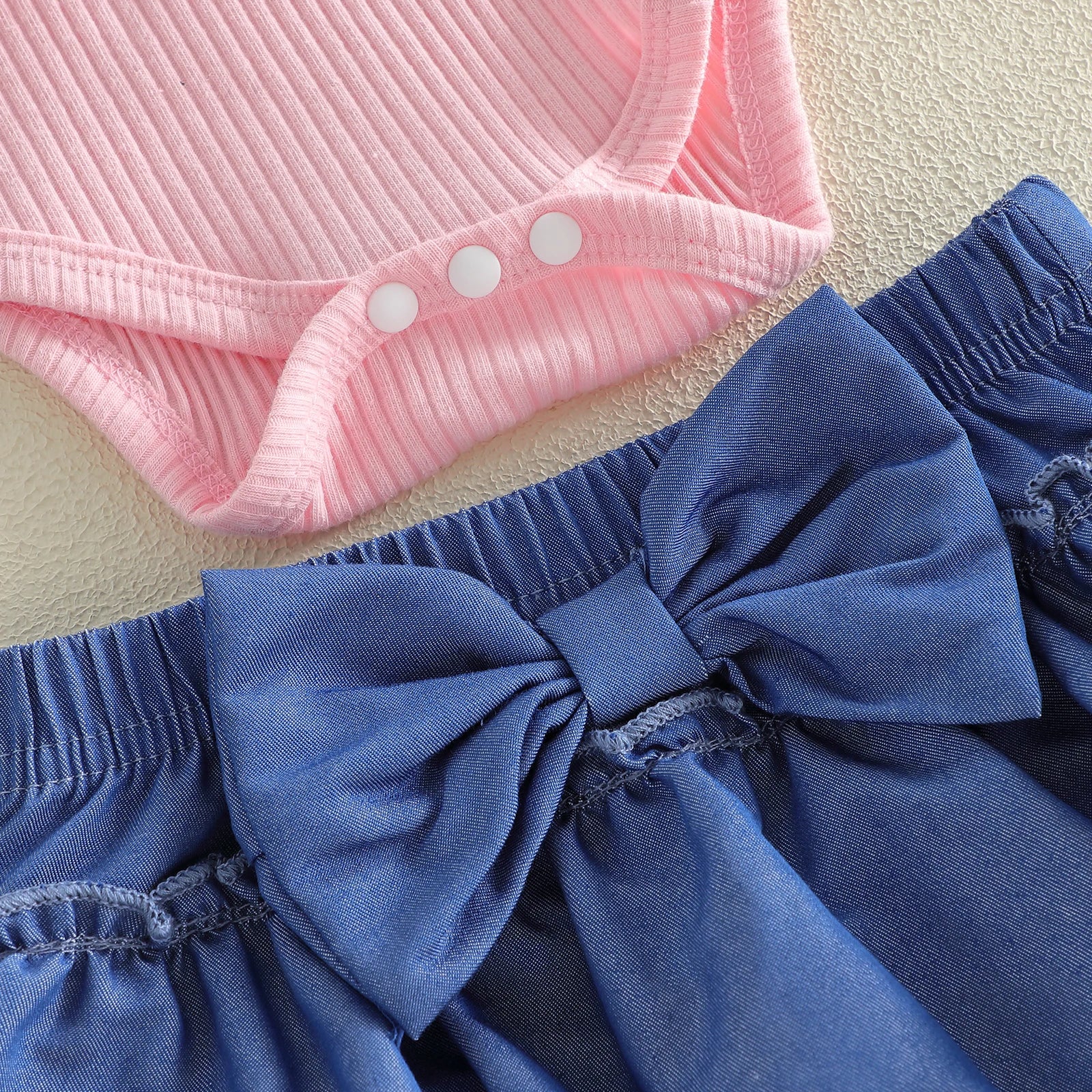 Pink Floral Romper & Blue Ruffle Bloomers Set
