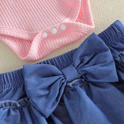 Pink Floral Romper & Blue Ruffle Bloomers Set