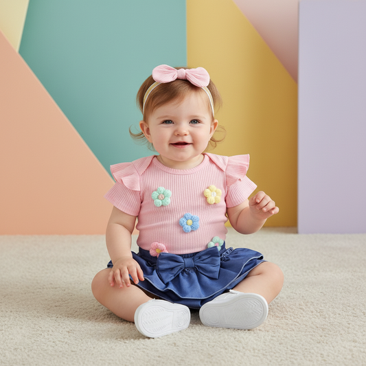 Pink Floral Romper & Blue Ruffle Bloomers Set