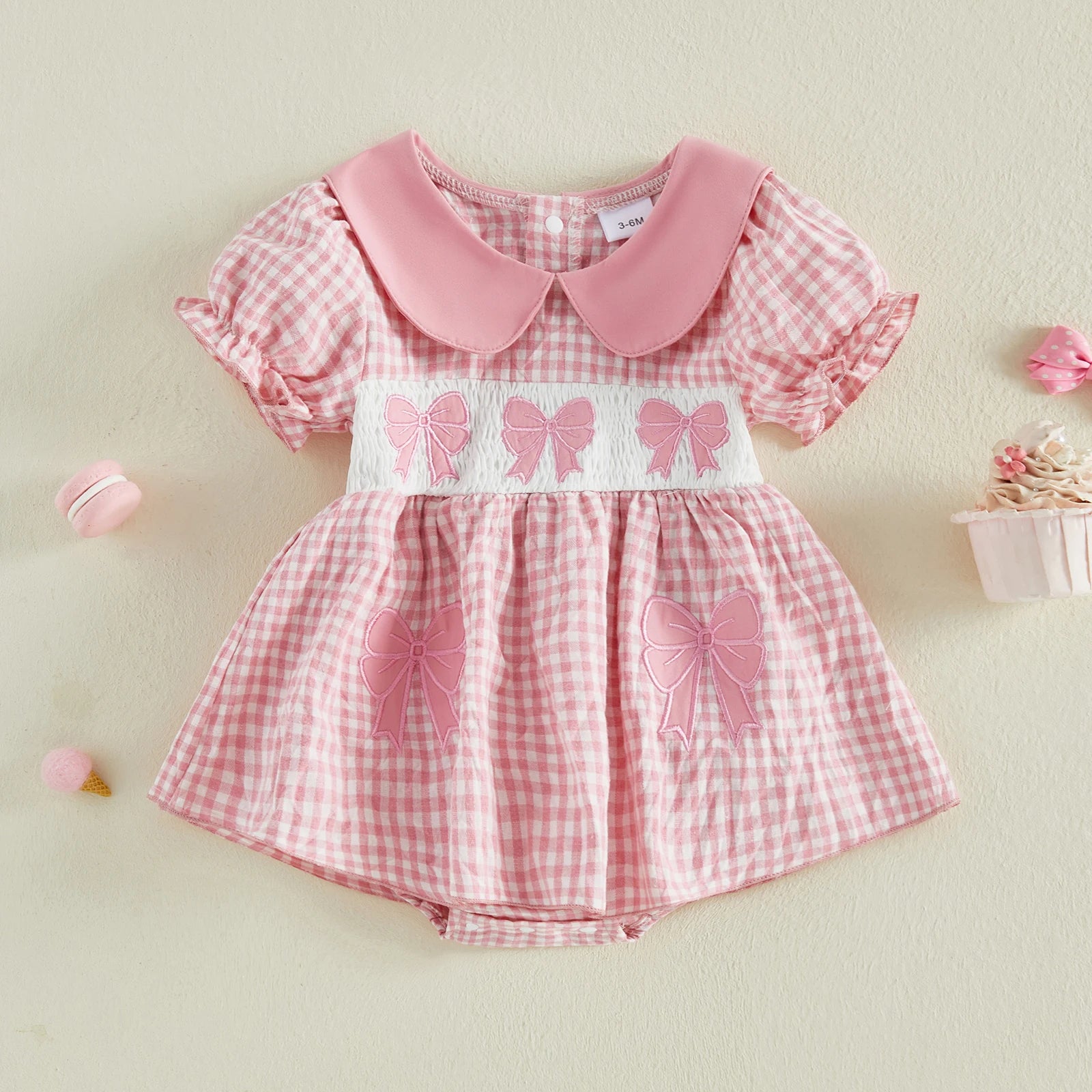 Cotton Pink Gingham Dress With Bow Embroidery & Peter Pan Collar