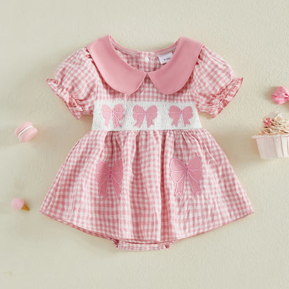 Cotton Pink Gingham Dress With Bow Embroidery & Peter Pan Collar