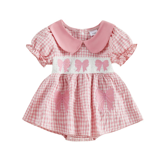 Cotton Pink Gingham Dress With Bow Embroidery & Peter Pan Collar