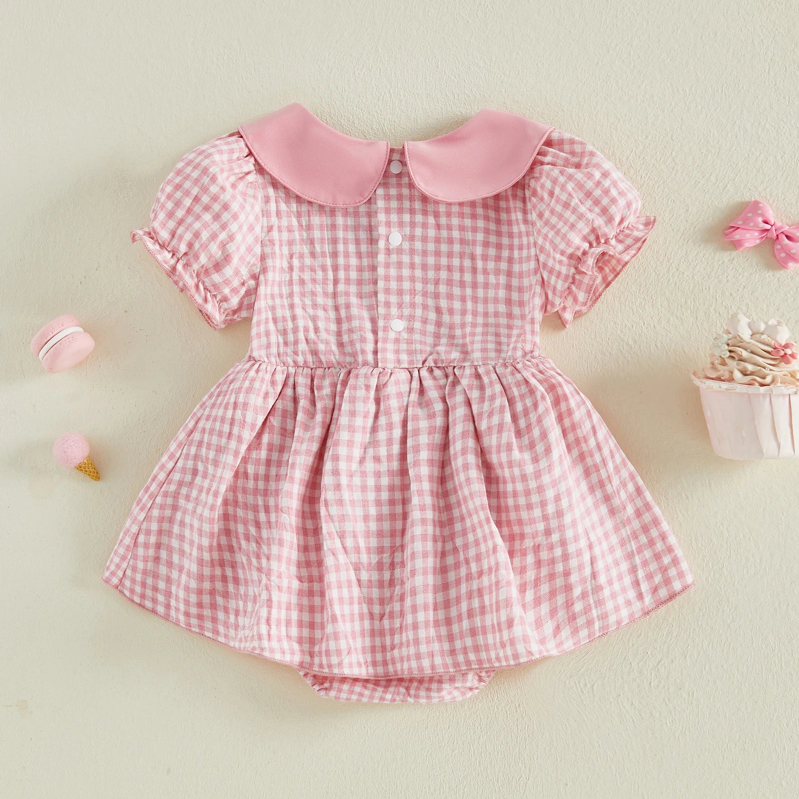 Cotton Pink Gingham Dress With Bow Embroidery & Peter Pan Collar