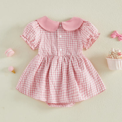 Cotton Pink Gingham Dress With Bow Embroidery & Peter Pan Collar