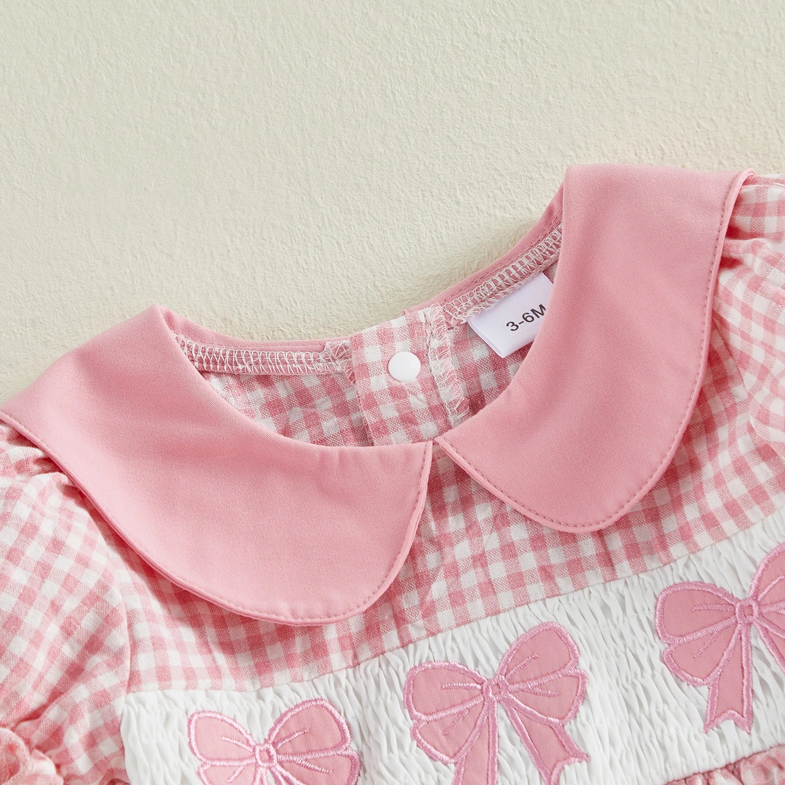 Cotton Pink Gingham Dress With Bow Embroidery & Peter Pan Collar