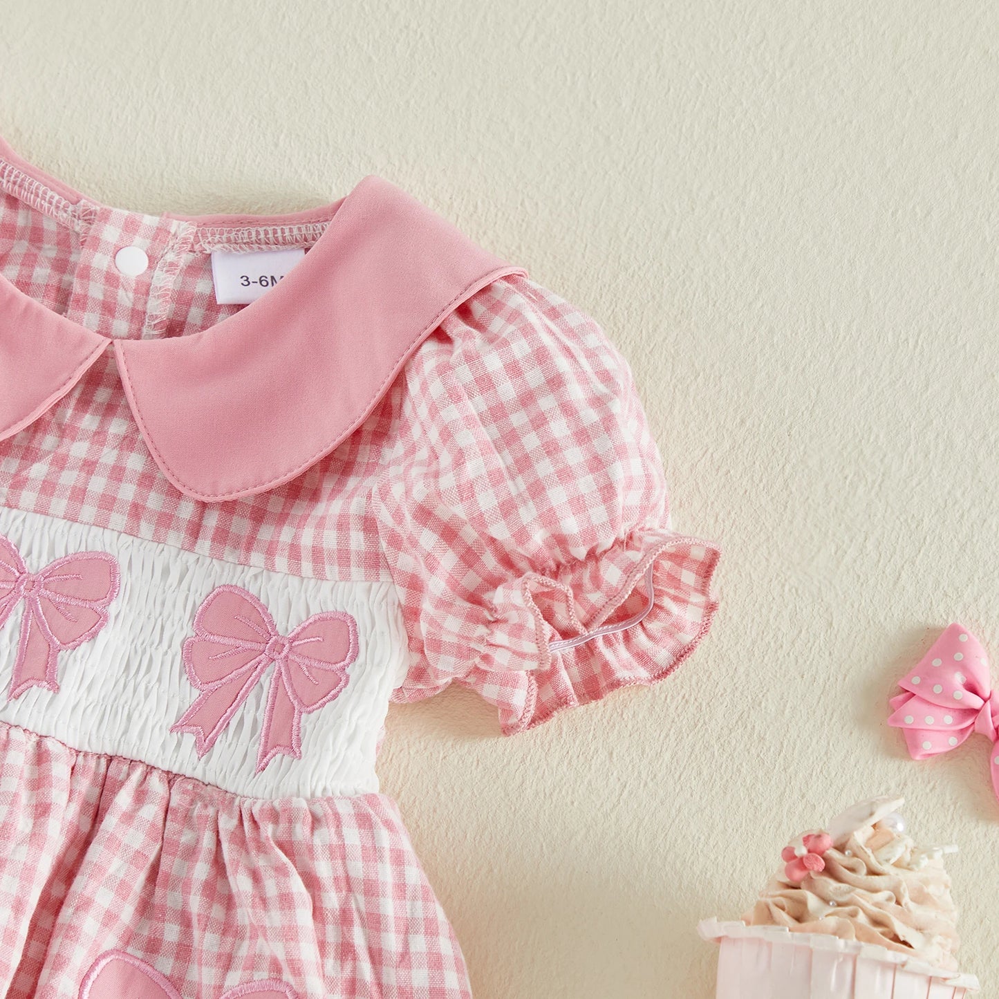 Cotton Pink Gingham Dress With Bow Embroidery & Peter Pan Collar