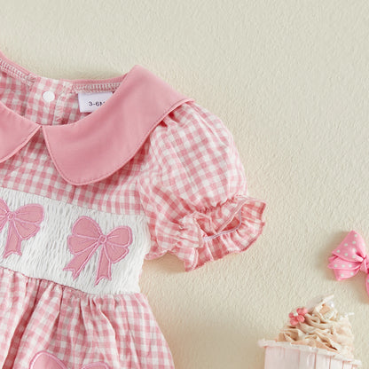 Cotton Pink Gingham Dress With Bow Embroidery & Peter Pan Collar