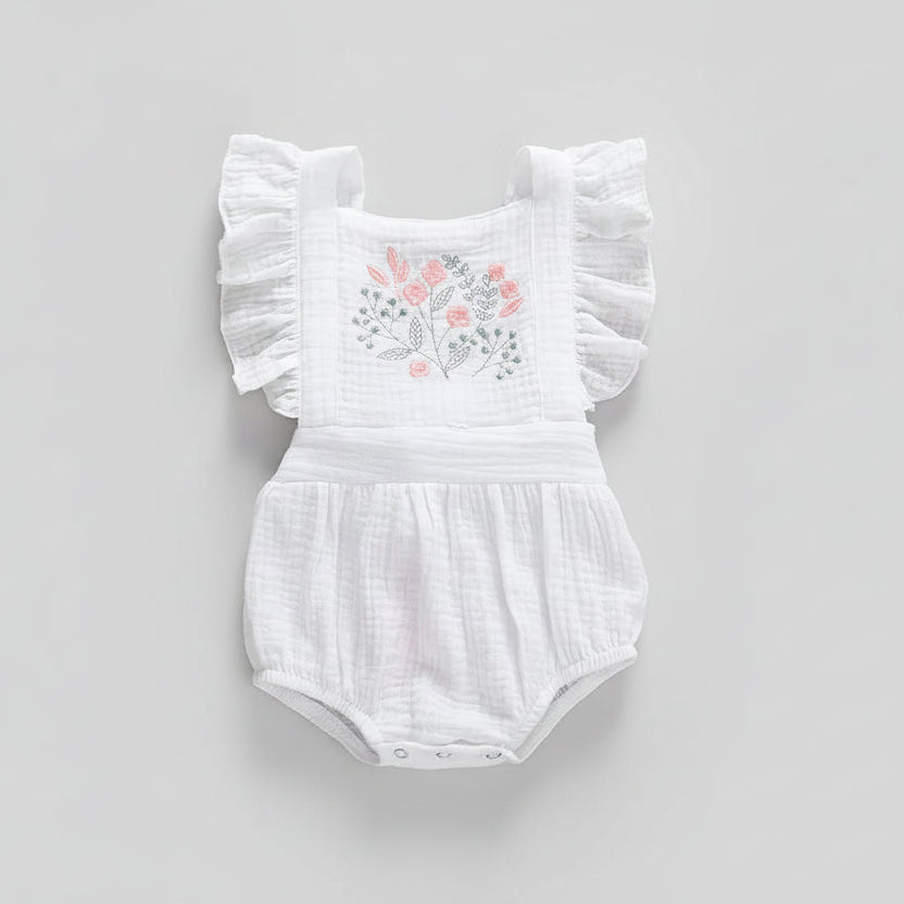 Ruffle Embroidered Flower Cotton Loose Jumpsuit
