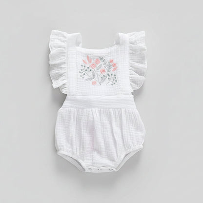 Ruffle Embroidered Flower Cotton Loose Jumpsuit