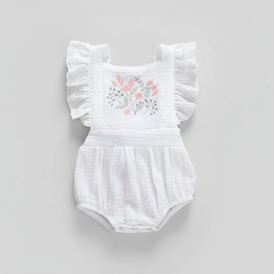 Ruffle Embroidered Flower Cotton Loose Jumpsuit
